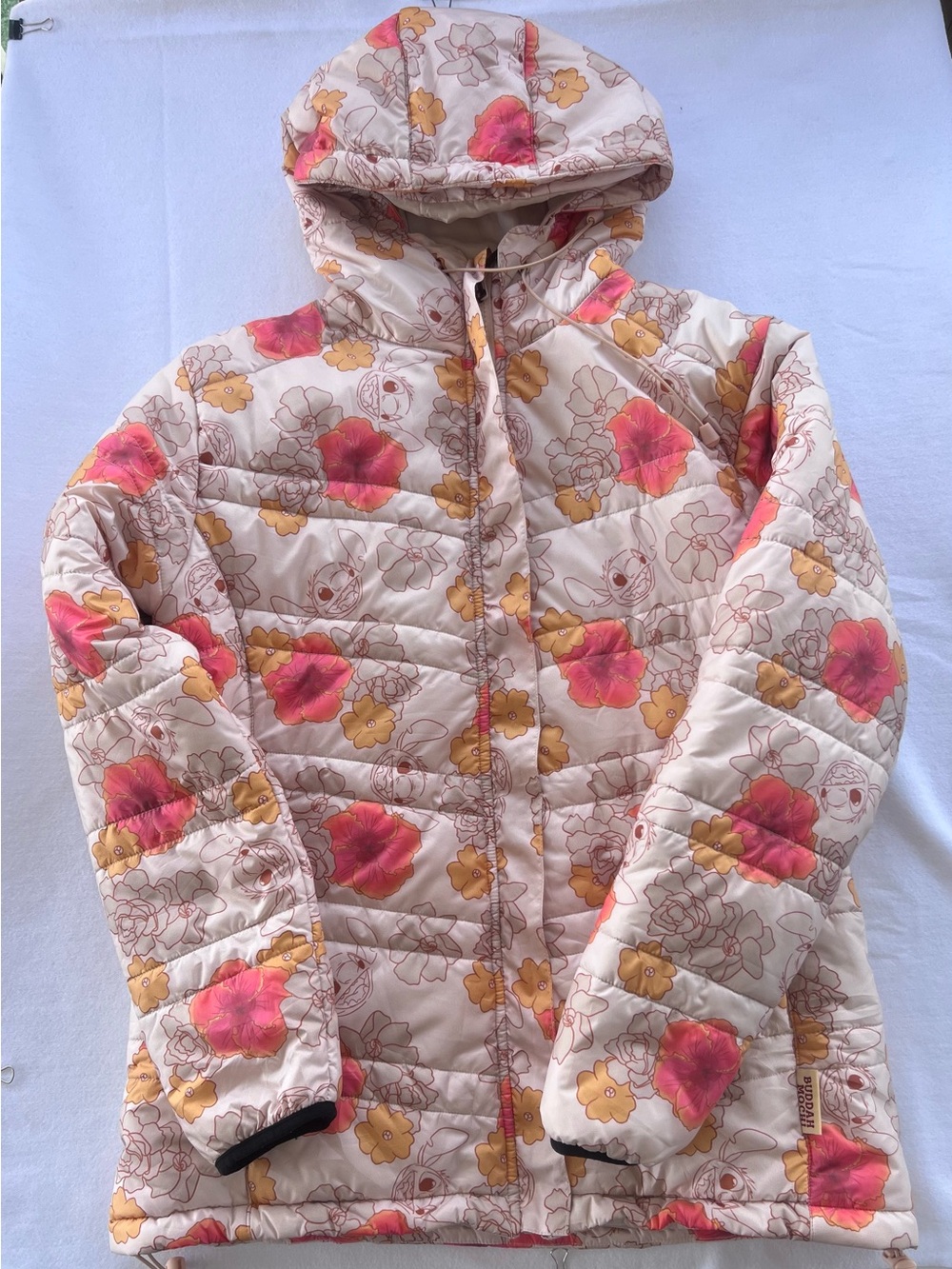 Floral Quilted Hooded puffer Jacket - Pink & Mustard Flower and stitch
